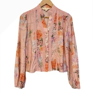 Lizette Collection Romantic Floral Lace Trim‎ Blouse Women's Size L Pink Cottage
